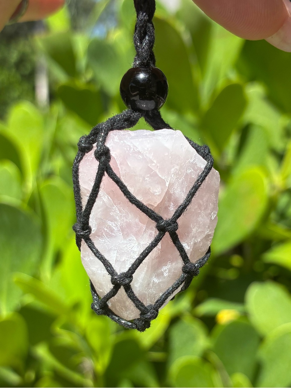 Raw Rose Quartz Macrame Crystal Necklace | Handcrafted Healing Stone Pendant - Picture 3 of 10